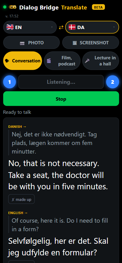 Conversation mode: original and translation on the screen